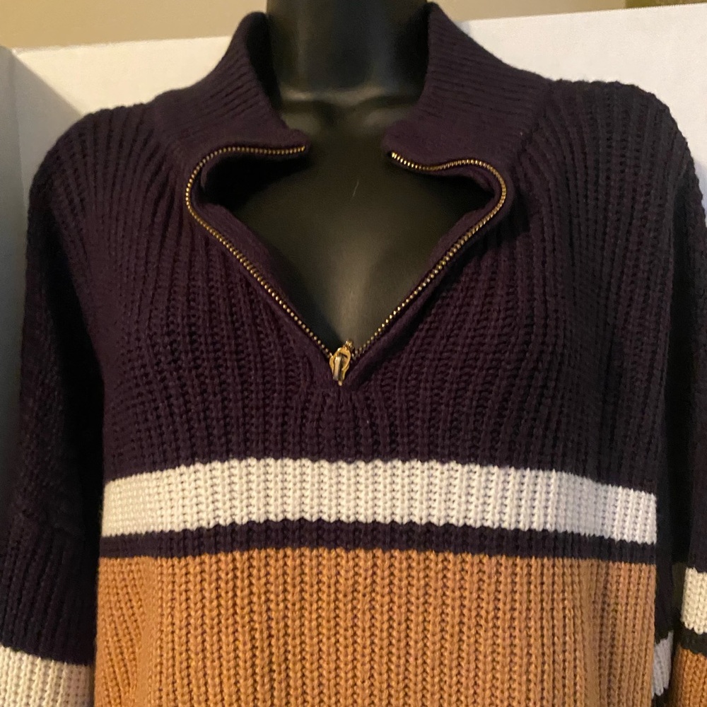 Source Unknown Men's Zip-Up Colorblock Sweater - Purple, Cream & Tan